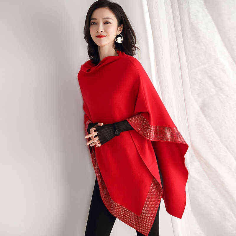 ZJZLL 2021 New Autumn Fashion Winter Diamonds Knit Wool Shawl Cloak Loose Plus Size Solid Woman Poncho Cape Pullover Sweater H1123