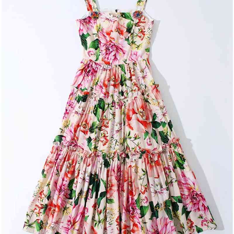 Runway Fashion Summer Floral Print Spaghetti Strap Dress Women's Sexy Backless Ruffles Petal Buttons Vintage Midi Dresses 210506