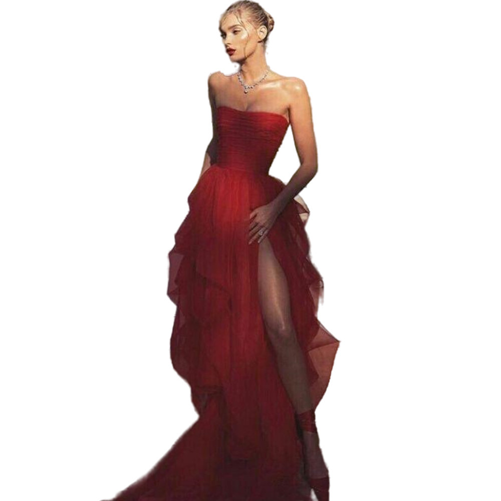 Chic Red Tulle Strapless Prom Dresses Aline New 2021 Sexy Women Side High Slit Dress Evening Wear Ruched Robes De Cocktial Party Gowns