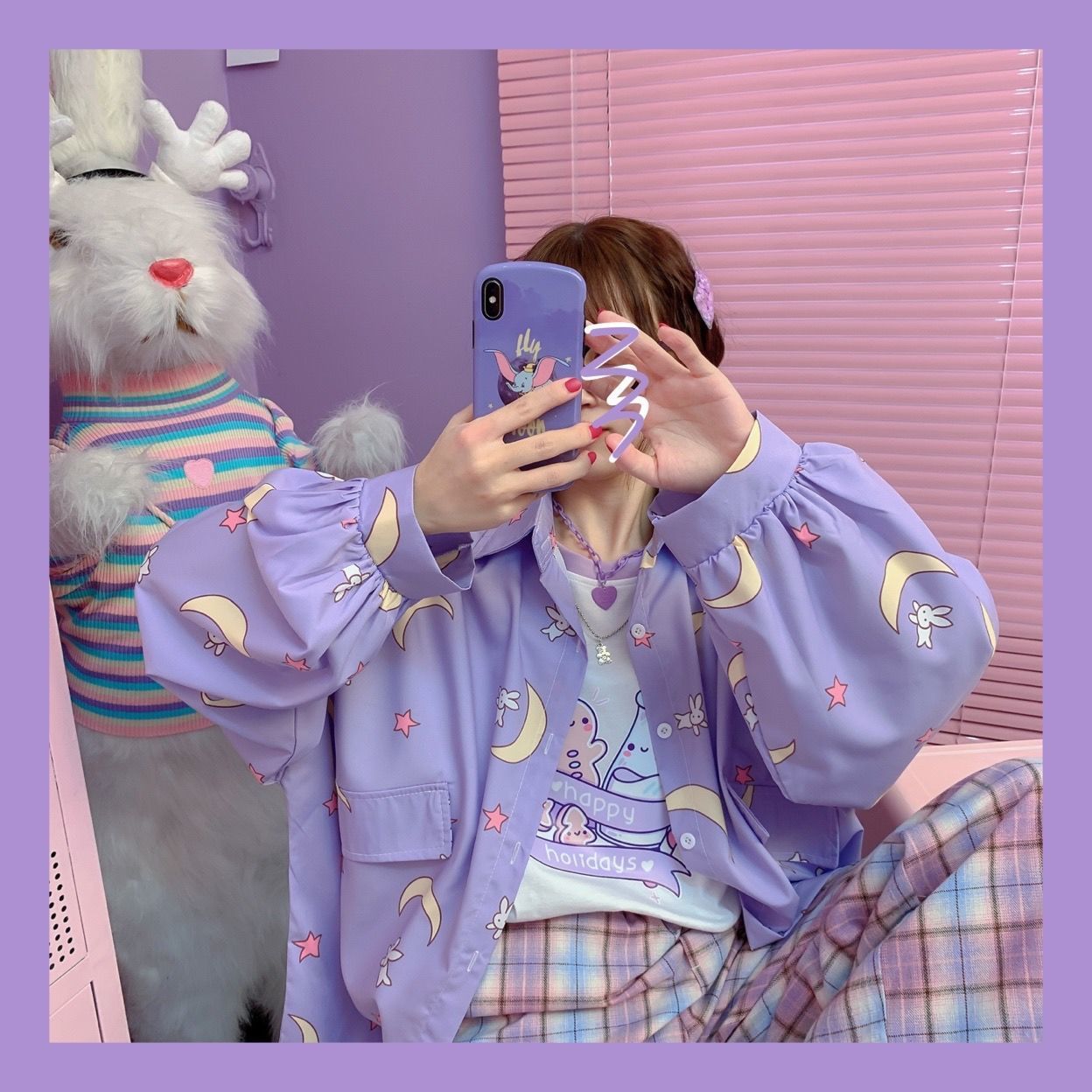 Moon Rabbit Printed Japanese Kawaii Blouse Women Casual Loose Female Purple Shirt Fashion Streetwear Blusas 210519