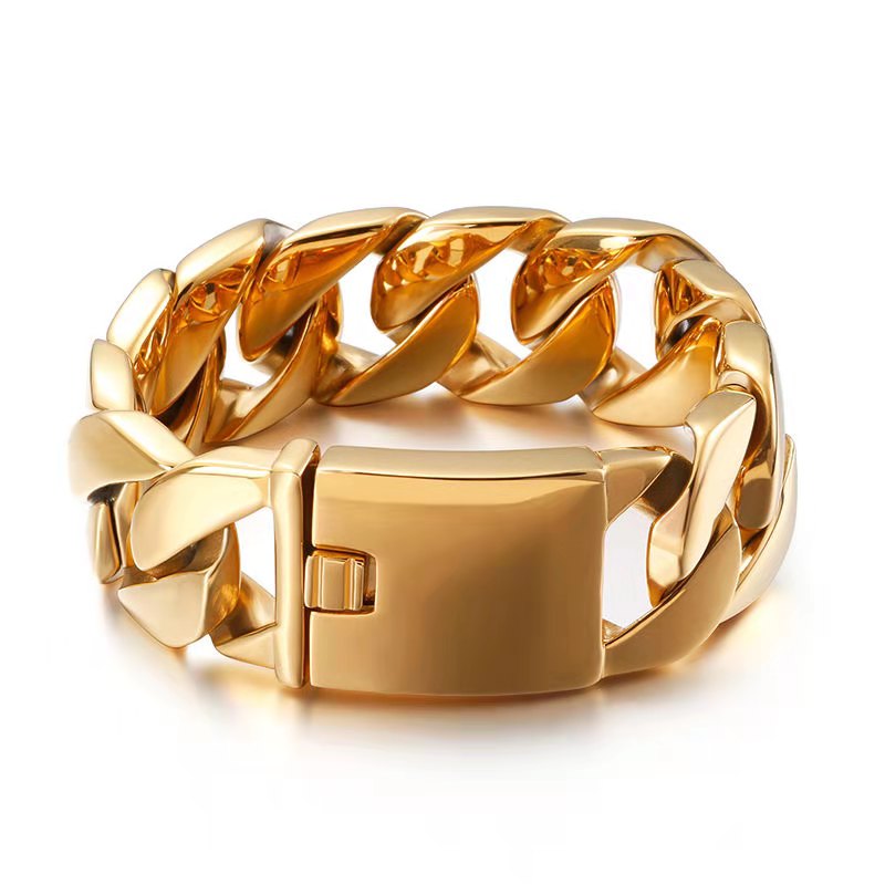 26MM Heavy Mens 18K Gold Cuban Curb Chain Bracelet Vintage Thick 316L Stainless Steel Bike Biker Bracelets Punk Rock Male titanium steel bangle jewelr