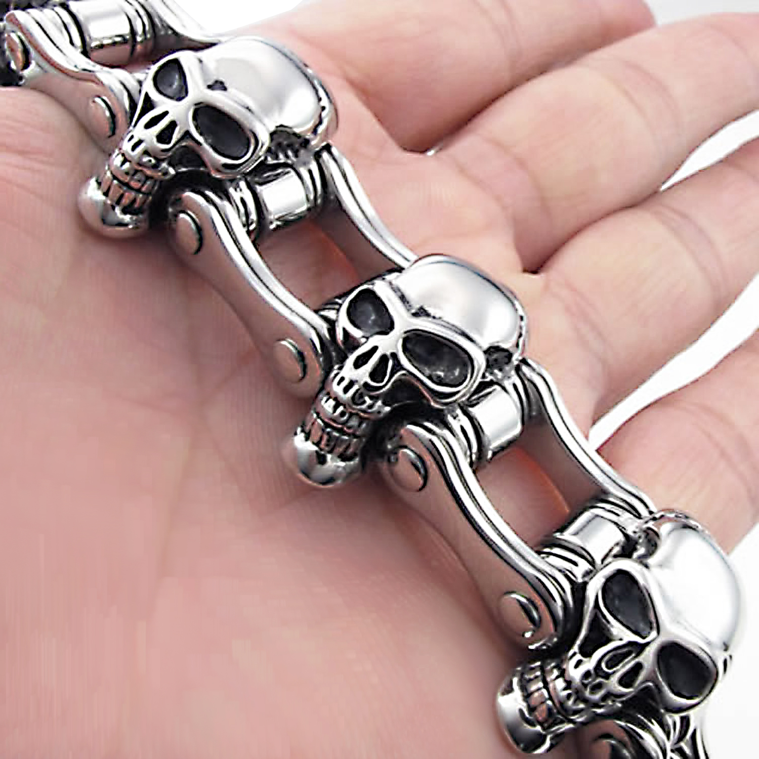 Heavy Large Men's Stainless Steel Bicycle Chain Skull Bracelet Biker Polished Punk Rock Link Wristband 22mm Wide with Velvet Bag