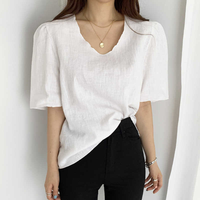 Korejpaa Women T-Shirt Summer Korean Chic Simple Basic V-Neck Loose Casual Solid Color Short-Sleeved All-Match Pullover 210526