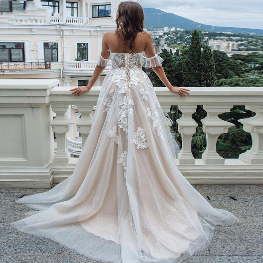 2021 Sexy Sweetheart Lace A Line Wedding Dresses Off Shoulder Sleeveless Tulle Gowns for Brides Formal Dress 0509
