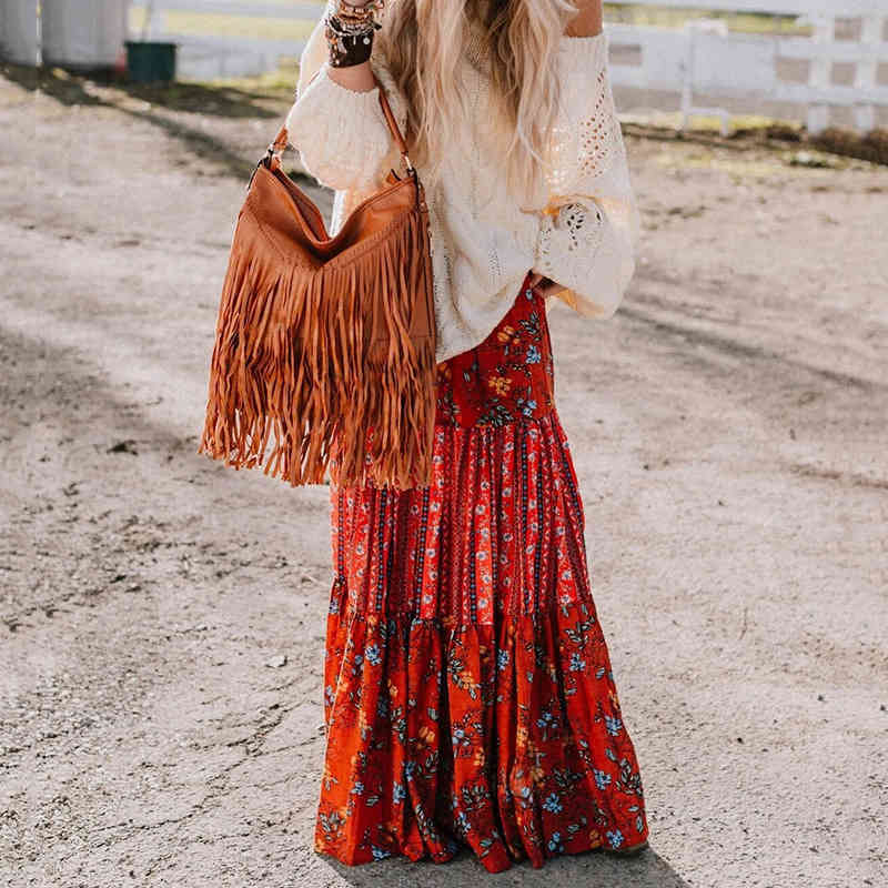 Women Skirt Vintage All Match High Waist Plus Size Long Printing Beach s For Fashion 210524