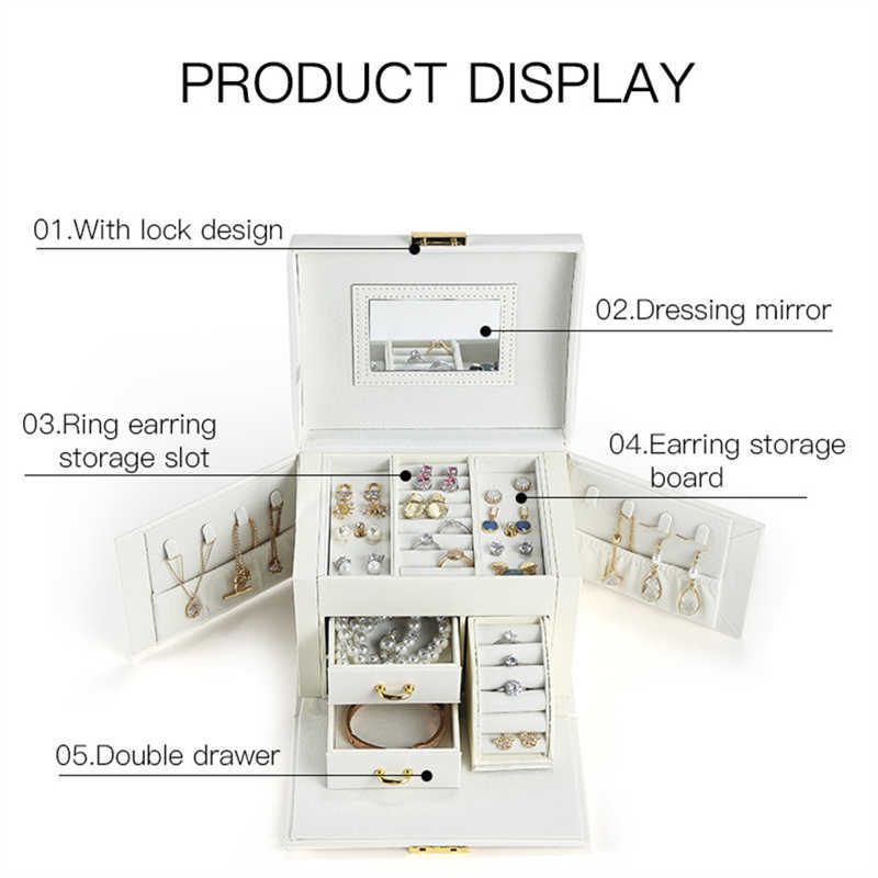 Large Jewelry Box Organizer PU Leather Drawer Jewellery Boxes Velvet Earring Ring Necklace Jewelry Storage Case Casket 211012