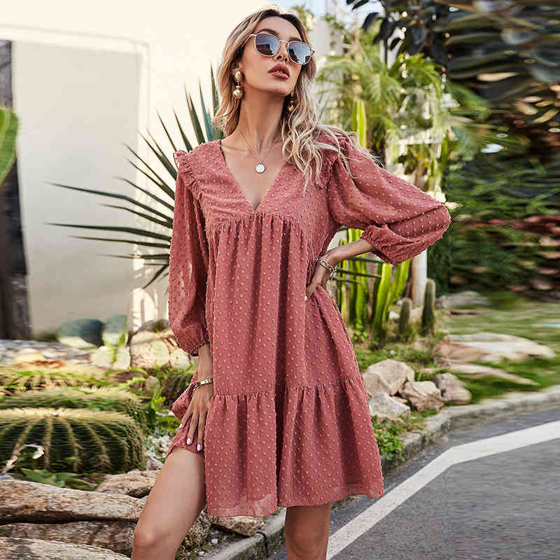 women spring summer dresses V-neck lantern sleeve loose style dots dress for female solid bohe beach pleated 210524, Pink
women spring summer dresses V-neck lantern sleeve loose style dots dress for female solid bohe beach pleated 210524, Pink