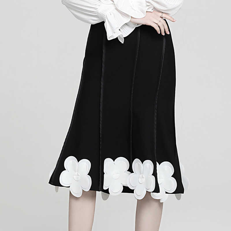 Hit Color Patchwork Appliques Skirt For Women High Waist Elegant Bodycon Pleated Midi Skirts Female Fashion Spring 210531