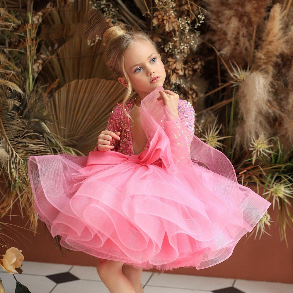 Short Flower Girl Dress Pink Wrap Sequins Bead Christmas Princess Girls Pageant Gowns Tulle Birthday First Communion Dress