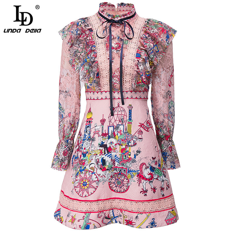 Fashion Runway Summer Dress Women Bow tie Long Sleeve Print Lace Patchwork Embroidery Vintage Mini Vestidos 210522