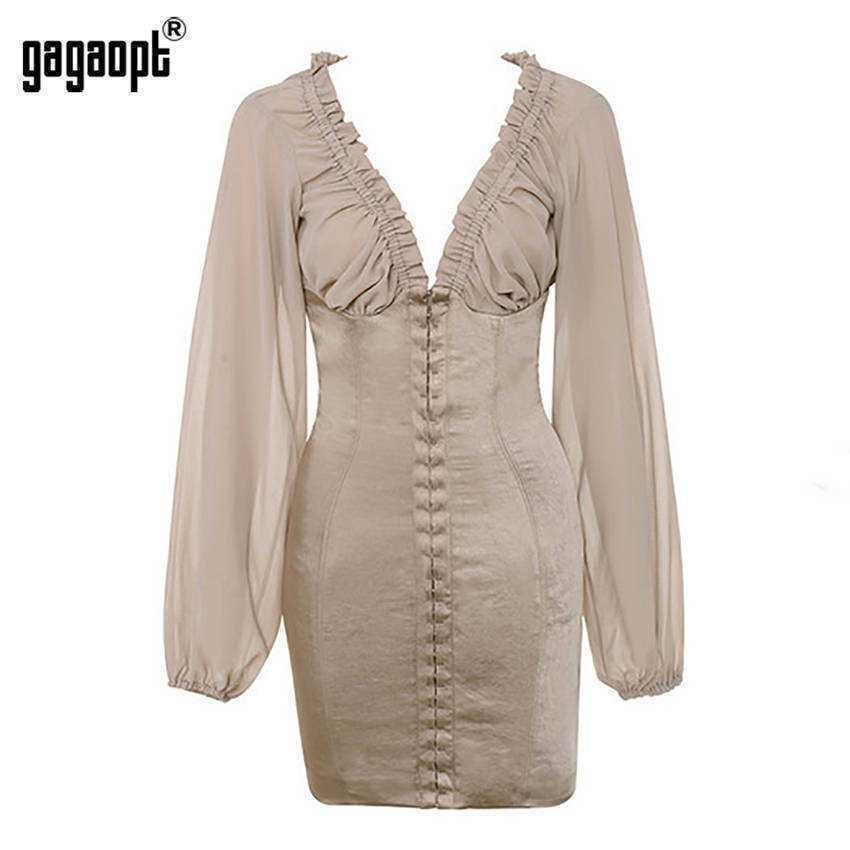 Ruffle Bodycon Dress: Long Sleeve Patchwork Khaki Party Dress For Women (Q190530)