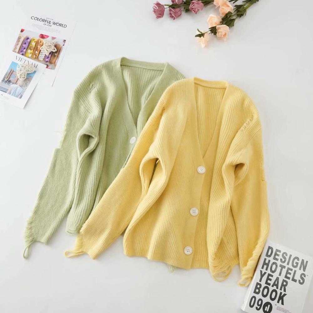 H.SA Fall Fashion Sweater and Cardigans V neck Broken Hole Chic Kitting Jumpers Yellow Cute Cardigan Sweater mujer 210716