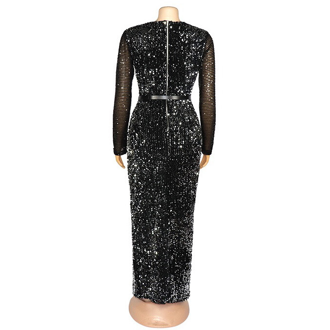 Black Sequined African Dress Women Evening Fashion Full Sleeve High Waist Split Bodycon Sexy Night Party Dinner Elegant 210510