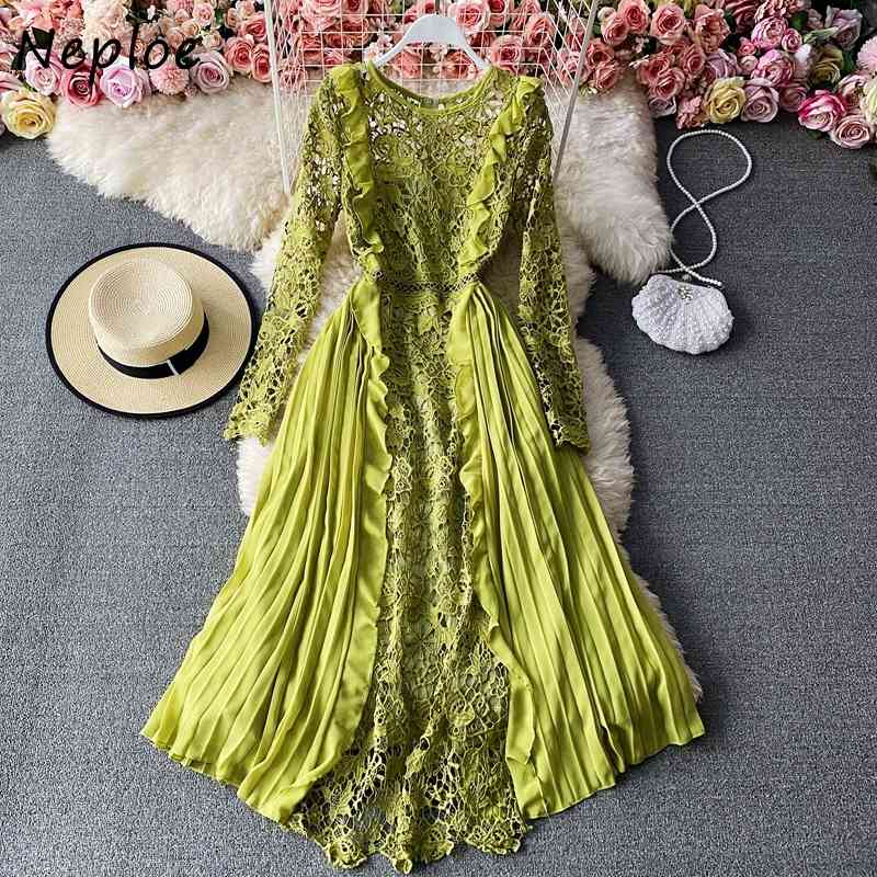 Neploe Elegant Lace Patchwork Hook Flower Chiffon Dress Women High Waist Hip A Line Long Vestidos Spring Long Sleeve Robe Solid 210422