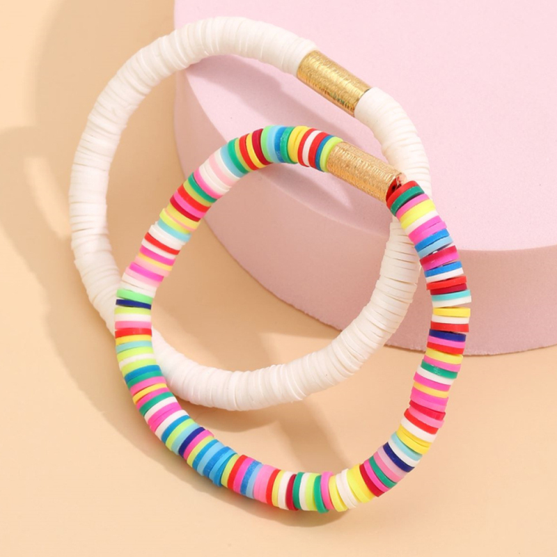 Bohemian Style Rainbow Color Polymer Clay Beads Strands Bracelet Men Women Elastic Jewelry for Wholesale 2pcs/set