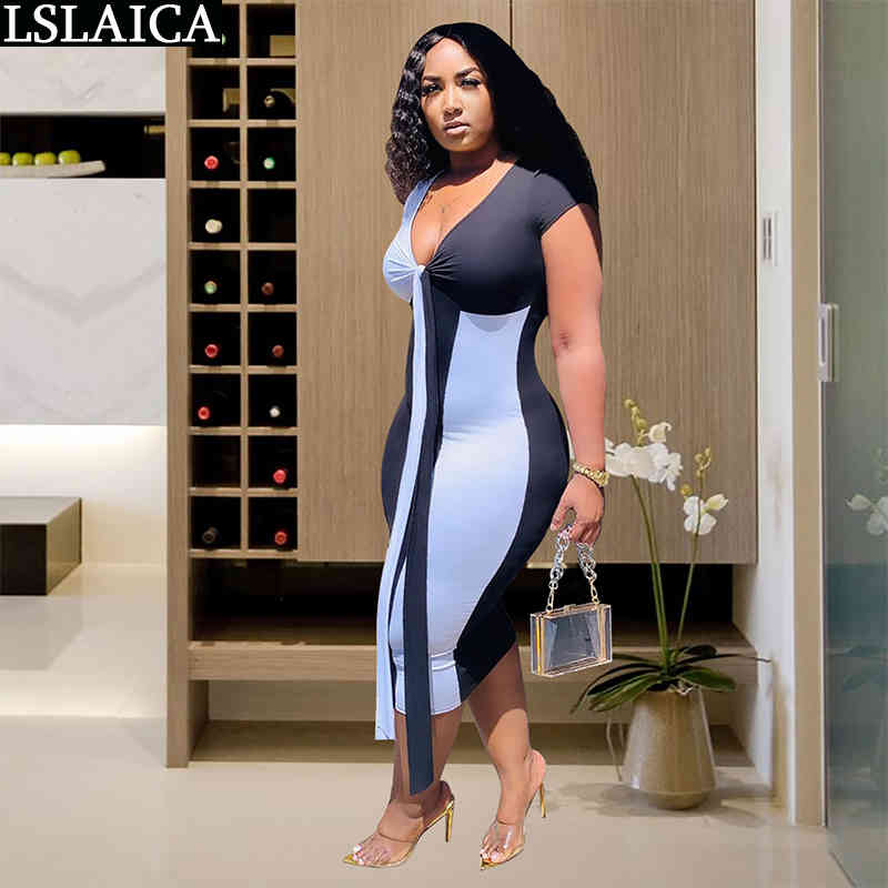 sale short sleeve dress Deep V-neck sexy elegant long women high waist plus size party colorful patchwork 210515