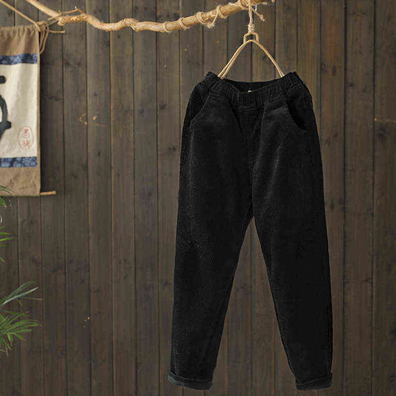 Johnature Corduroy Pants For Women Elastic Waist Solid Color Trouser Spring Women Cloths Pockets Casual Pants 211216