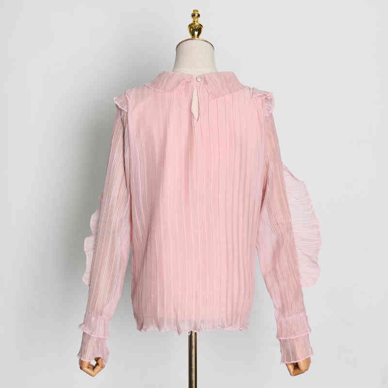 Elegant Patchwork Ruffle Shirt For Women Stand Collar Long Sleeve Casual Solid Blouse Female Fashion Clothing 210524