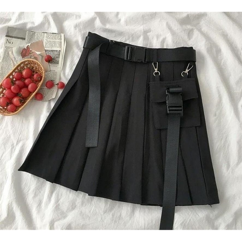 Joinyouth Pleated Mini Skirt Gothic Harajuku Lady Cargo Skirts Pocket A-line Faldas Hip-hop Streetwear Casual Black Plaid Skirts 210407