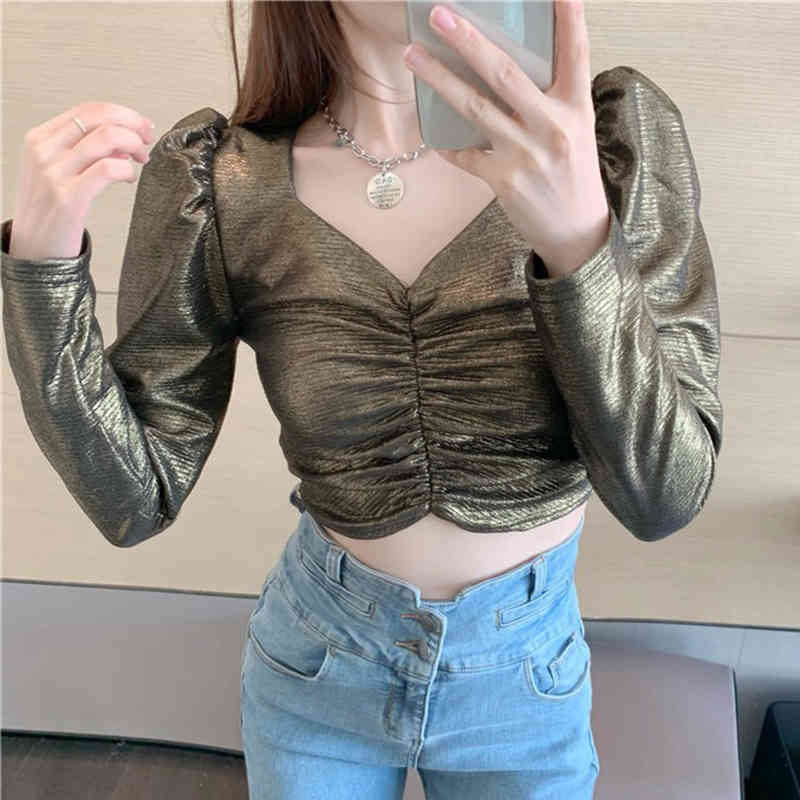 Pleated Short Sexy White Shirt Tops Female Spring Office Casual Blouse Shirts Women Puff Sleeve Solid V-Neck Blosues 12961 210518