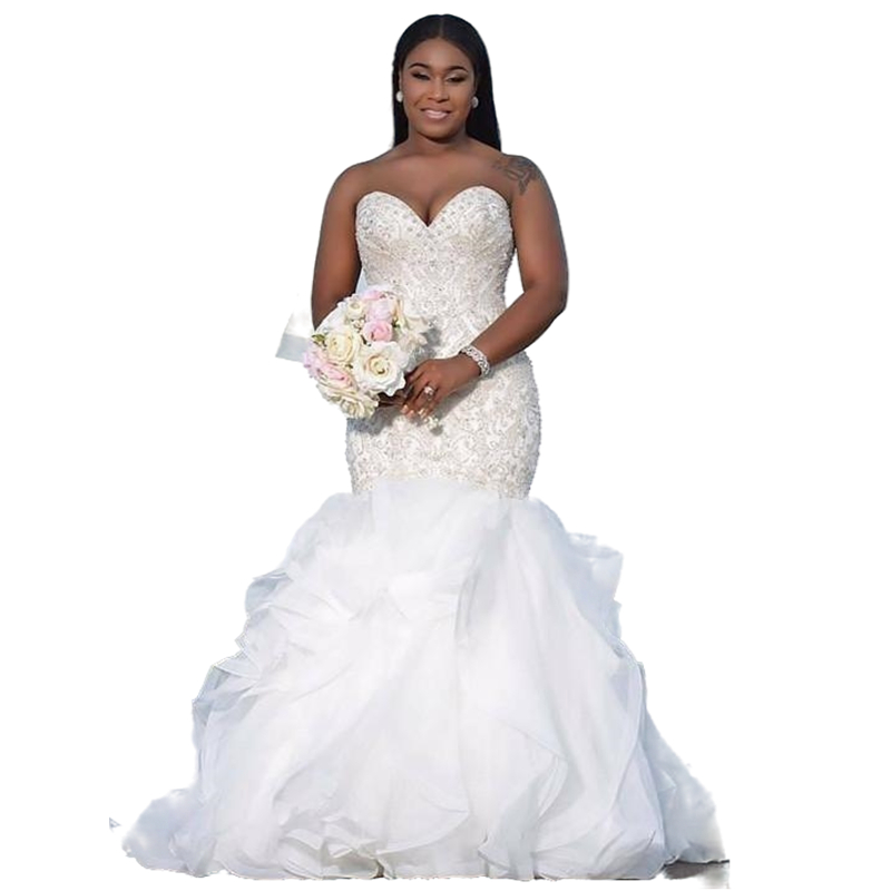 Plus Size Crystals Beaded Nigerian African Mermaid Wedding Dresses Gown Sweetheart Strapless Lace Applique Beading Bg Bride Dress Bridal Gowns Custom 