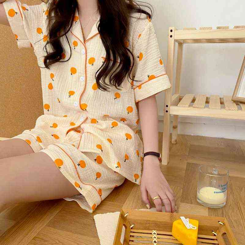 Cotton Home Suits Korean Sleepwear Orange Print Pajamas for Women Autumn Pijama Pyjamas Long Sleeve 2 Piece Set Pjs Drop 211118