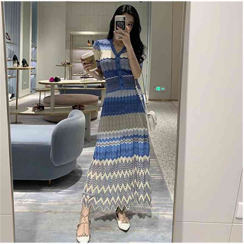 Runway Bohemian Hollow Out Knitted Women Suits Female Short Sleeve Top Midi Skirt Set Striped Sweater Suit Ladies Two-piece Sets 210519