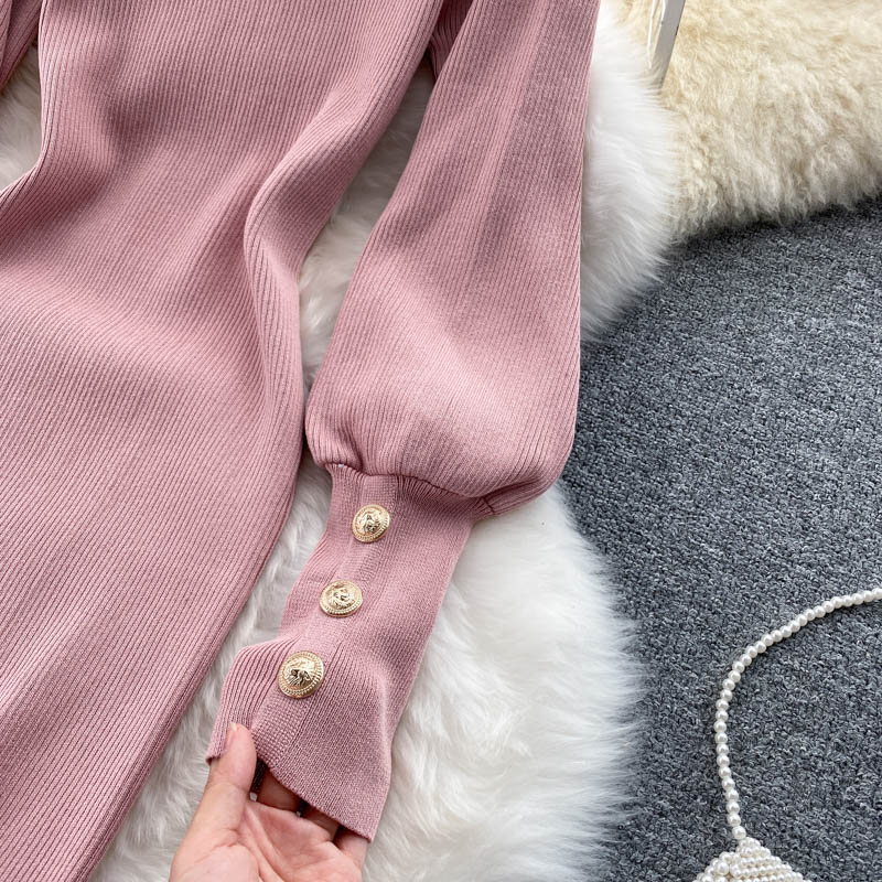 New design womens autumn puff long sleeve o-neck knitted solid color knee length sweater dress bodycon tunic pencil dress