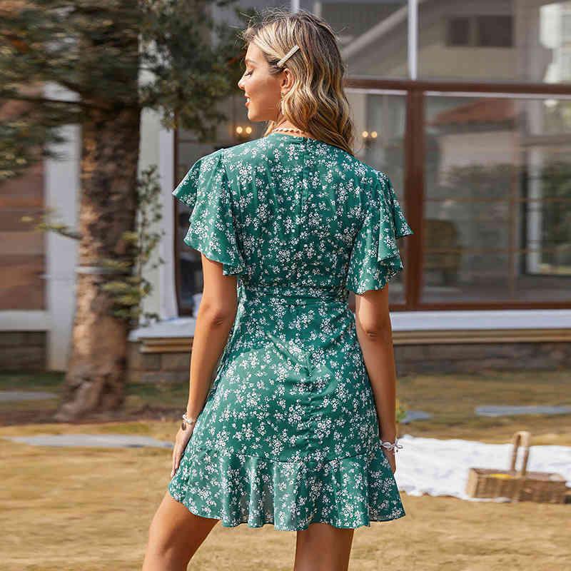 women summer dress Fashion short sleeve v-neck A-line ruffles dresses with belt Slim green color female mini 210524