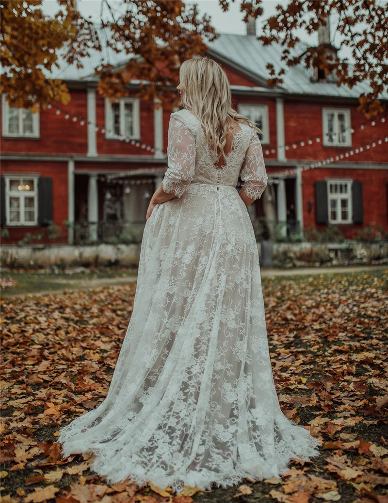 Lace Wedding Dresses Boho Bridal Gowns Plus Size V-Neck Backless 3/4 Long Sleeve Bohemian Bride Dress SImple Vestidos De Novia