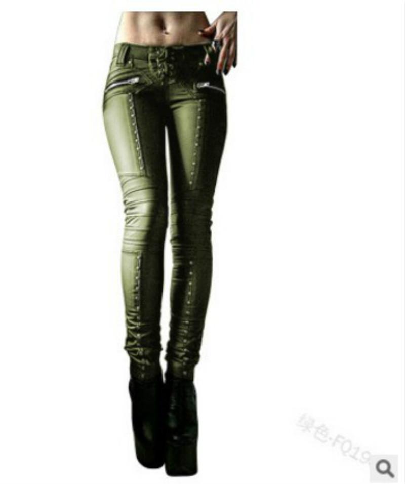 Women's Retro Pu Pants Leather Steampunk Rivet Zipper Pencil Gothic Tight Street Style Autumn Casual Women & Capris