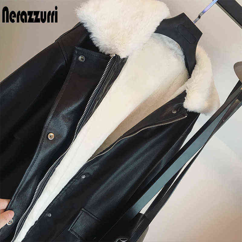 Nerazzurri Winter Oversized Leather Jacket Women with Faux Rex Rabbit Fur Inside Warm Soft Thickened Fur Lined Coat Long Sleeve 211130