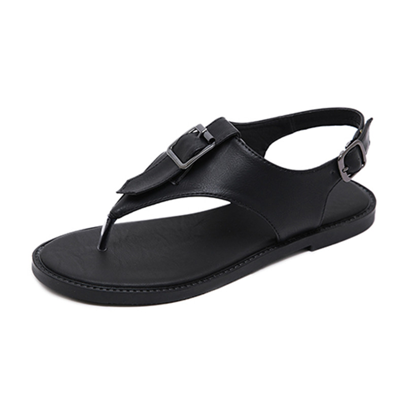 Comfortable flat bottomed beach sandals women's T-belt Flip Flop Sandals black cool summer soft leather fashion women's shoes