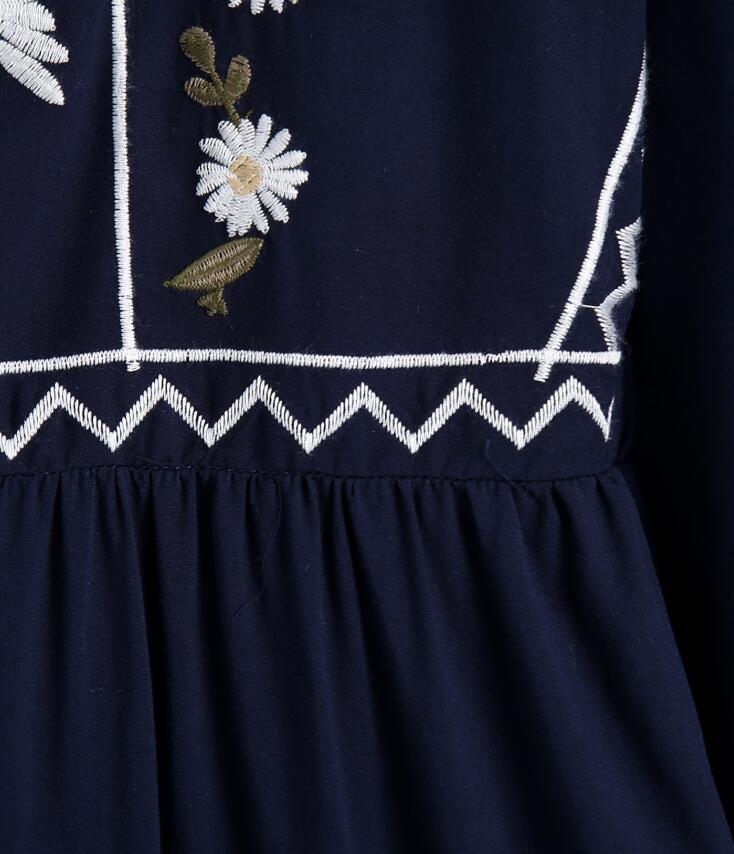 Summer Bohemia Ethnic Round Neck Embroidery Flower Dress Hippie Women 3/4 Sleeve Loose Midi Long Dresses Holiday 210429