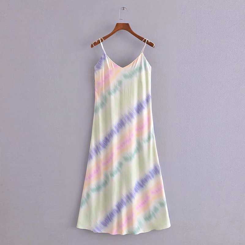 Za Tie Dye Satin Summer Dress Women Sleeveless Backless Sexy Party Dresses Woman Adjustable Spaghetti Straps Midi Dress 210602