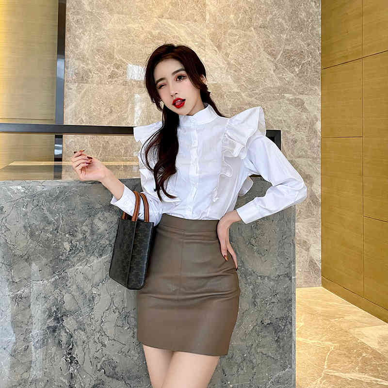 Korean Fashion Stand Collar Long Sleeve Ruffles Shirts Women White Casual Loose Blouse Blusas 210519