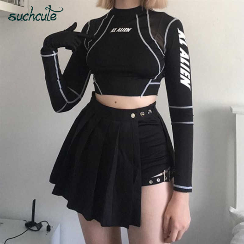 SUCHCUTE sexy gothic high waist women pleated mini skirt with short ribbons A-line Skirts streetwear solid female party outfits 210621