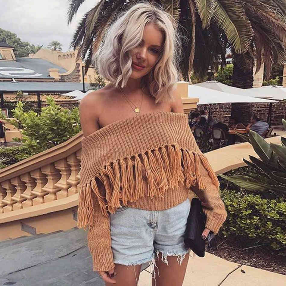 Free Fashion Fringed Sweater Women Strapless Long Sleeve Skinny Solid Color Club Party Sexy Halter Top 210524