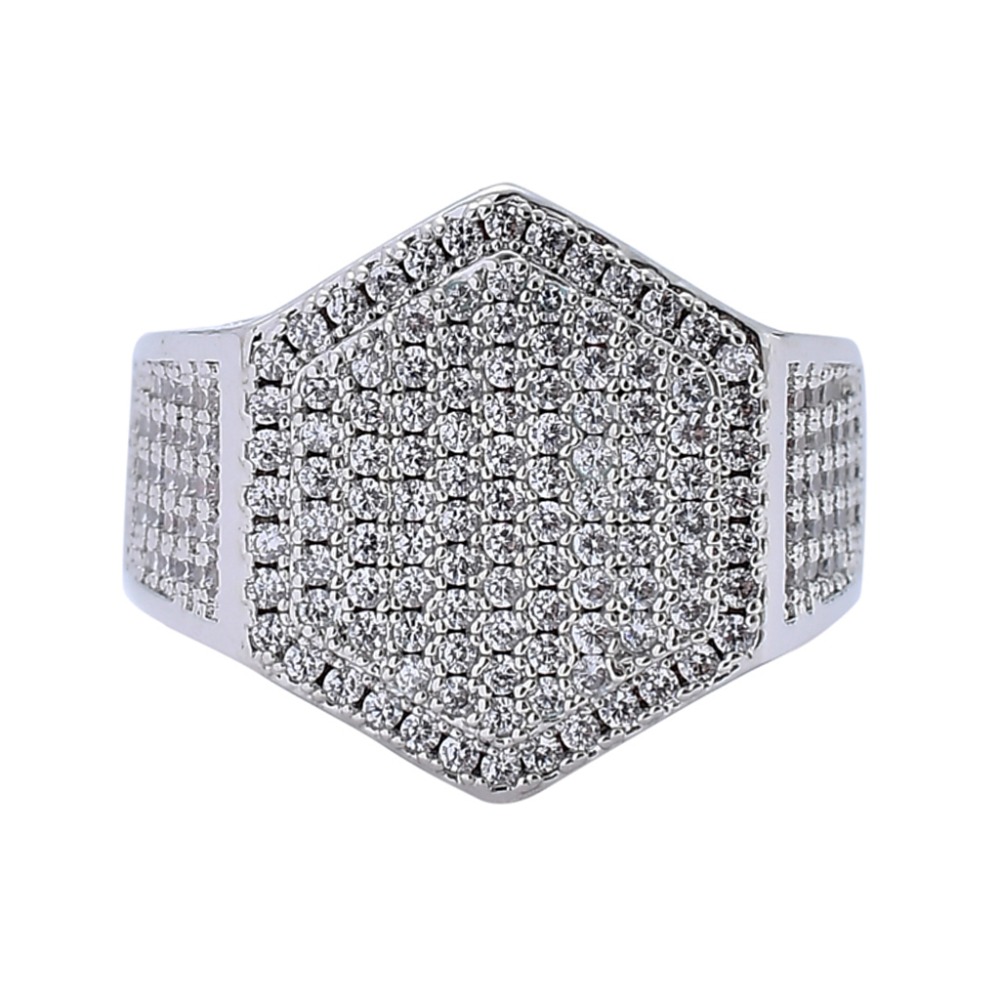 Fashion Micro Paved CZ Zircon Hexagon Finger Ring Iced Out Bling Punk Rock Cubic Zirconia Rings Jewelry 18K Real White Gold Mens Hip Hop Engagement Gi
