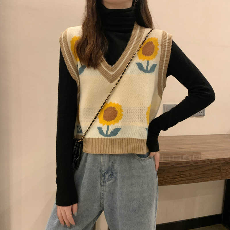 Veste Sans Manche Femme Autumn Korean Style Loose Sunflower Print Pullover Vests for Women Casual Short Knitted Vest Mujer 210604