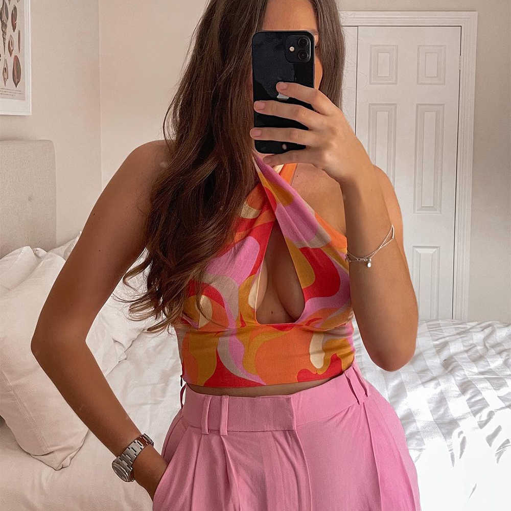 Fashion Crop Top Women Casual Backless Halter Tank Top Streetwear Chic Lady Y2K Tops Woman Summer Camisole 210709