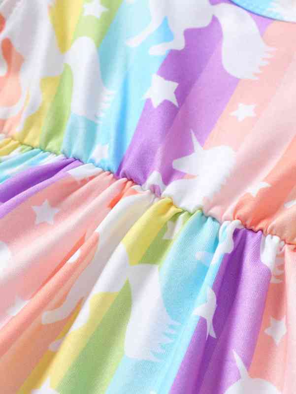 Baby Rainbow Striped Unicorn Print Ruffle Sleeve Dress With Headband SHE
