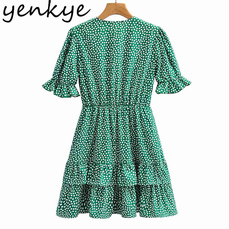 Green Floral Print Ruffle Dress Women Bow Tie V Neck Short Sleeve A-line Mini Summer Holiday Vestido 210430