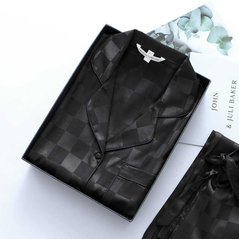 Women Satin Plaid Sleepwear Pajamas Casual Nightwear Lounge Wear Soft Intimate Lingerie Pyjamas 2PCS Shirt&Pants Q0706