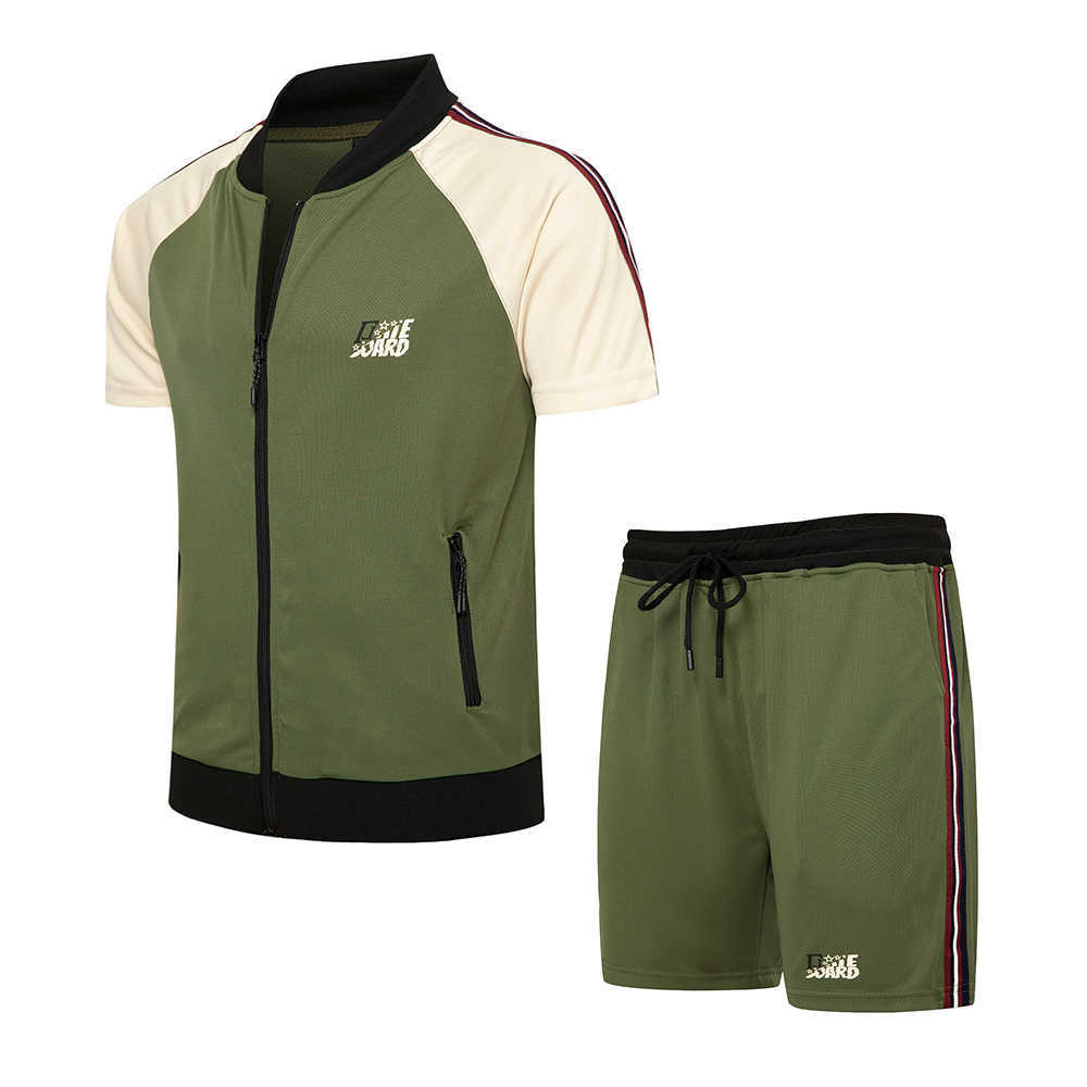 Men Sets Zipper Tracksuit Men Summer Casual Fashion T Shirt+Shorts Patchwork Fitness Striped Outfit Sweat Suits Men Clothes 210603