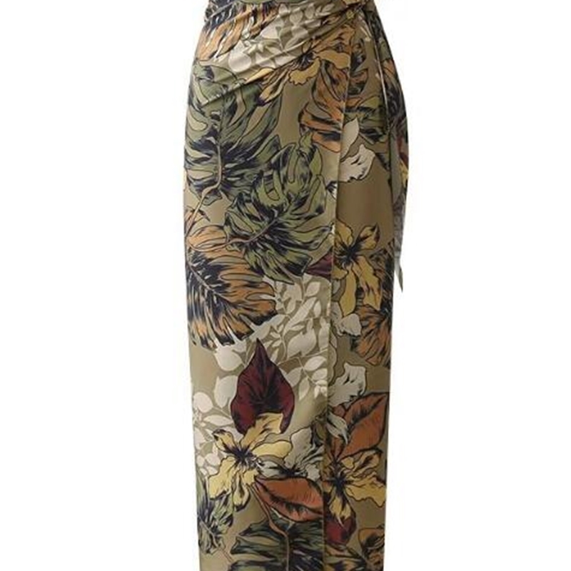 Sexy Flower Leaves Print Bow Tie Sashes Wrap Skirt Vintage Women High Waist Slim Fit Mid-Calf Long Pencil Skirts Holiday 210619
