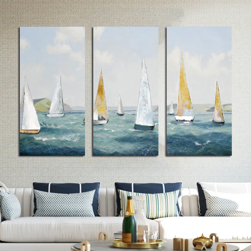 Sailing Boat Oil Paintings Print On Canvas Golden Ship Posters Ocean Sea Wall Art Abstract Wave Pictures for Living Room Decor