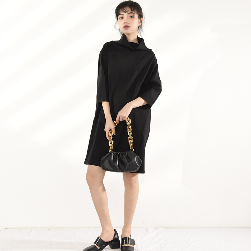 [EAM] Women Black Leisure Big Size Dress Turtleneck Three-quarter Sleeve Loose Fit Fashion Spring Autumn JL23001 21512