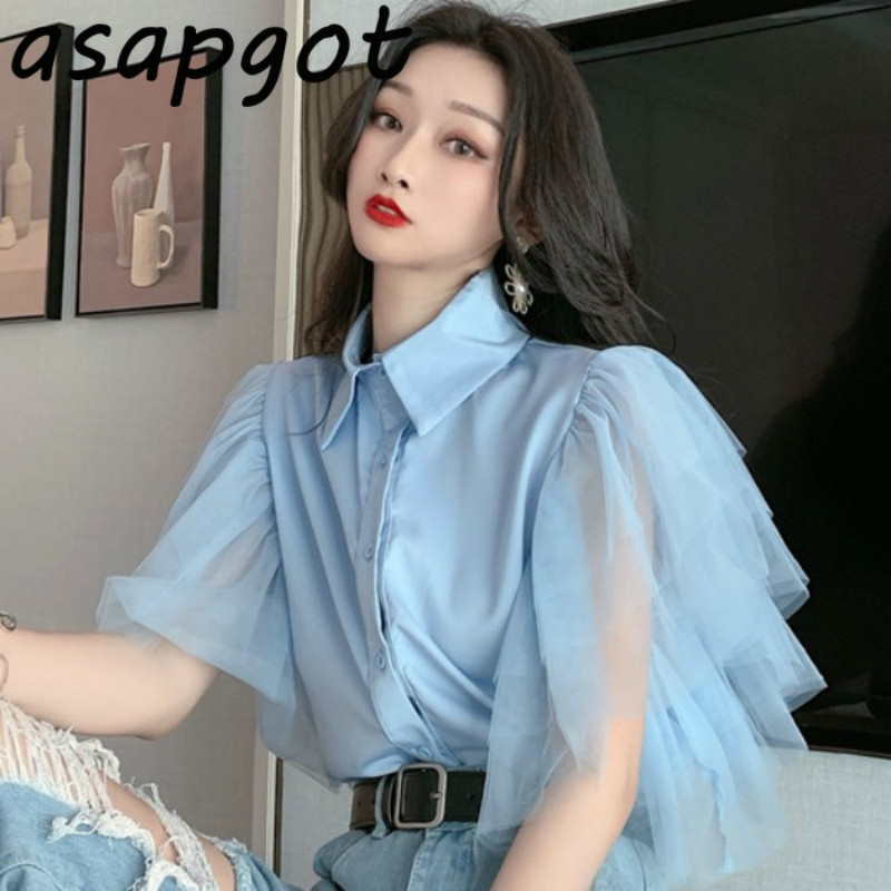 Chic Korean Blue Mesh Half Short Butterfly Sleeve Blouse Women Retro Fashion Slim Patchwork Turn Down Collar Shirts Ruffles 210429