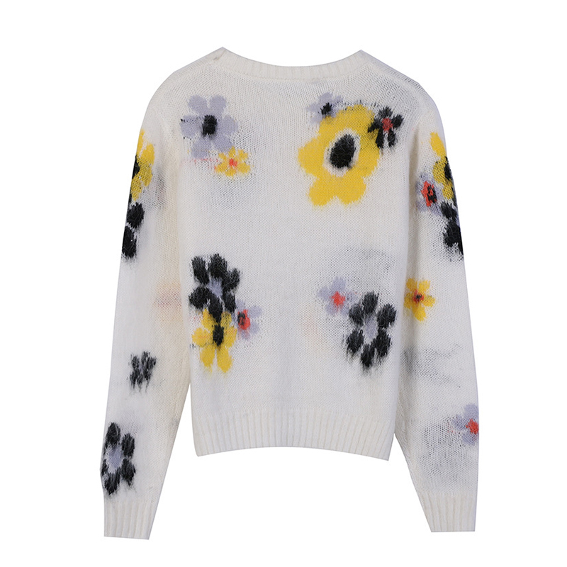 Runway Women's Short Pullover Sweater Fall Fashion Thin Round Neck Floral Fluffy Knit Mohair Ladies Jumper B-081 210522